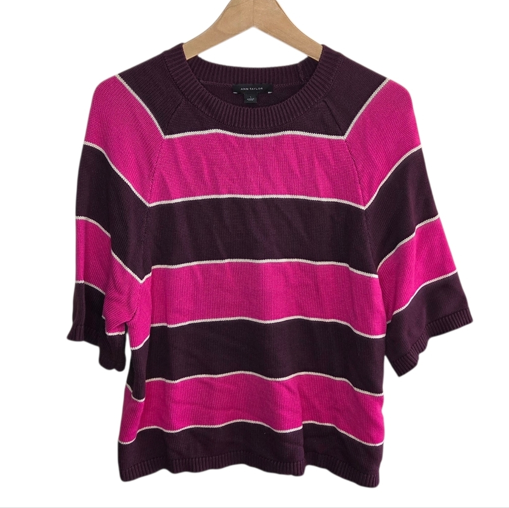 Ann Taylor Burgundy Pink Wide Stripe Knit Short Sleeve Sweater Top Size Large